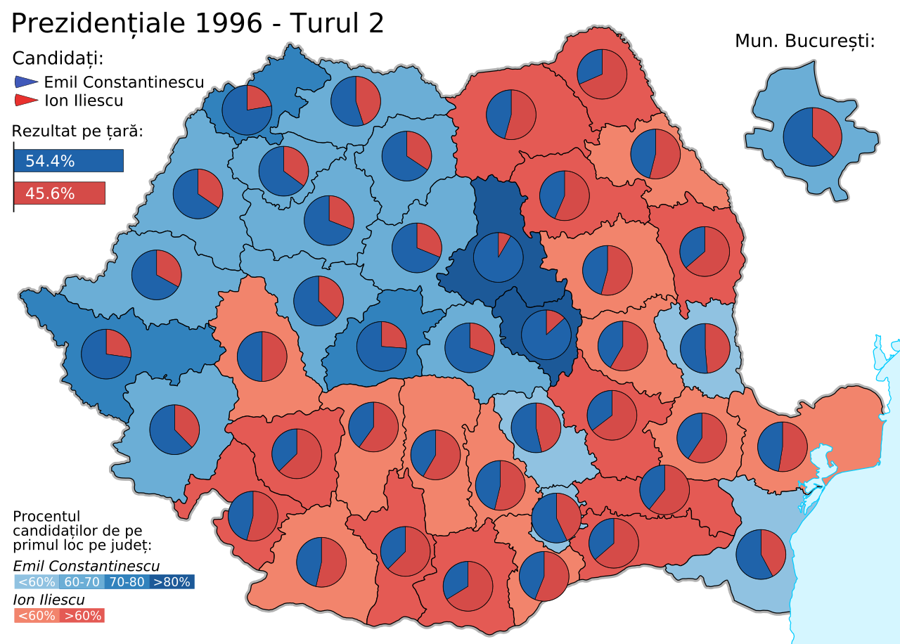Hartă pe județe a rezultatului turului al doilea al alegerilor prezidențiale din 1996